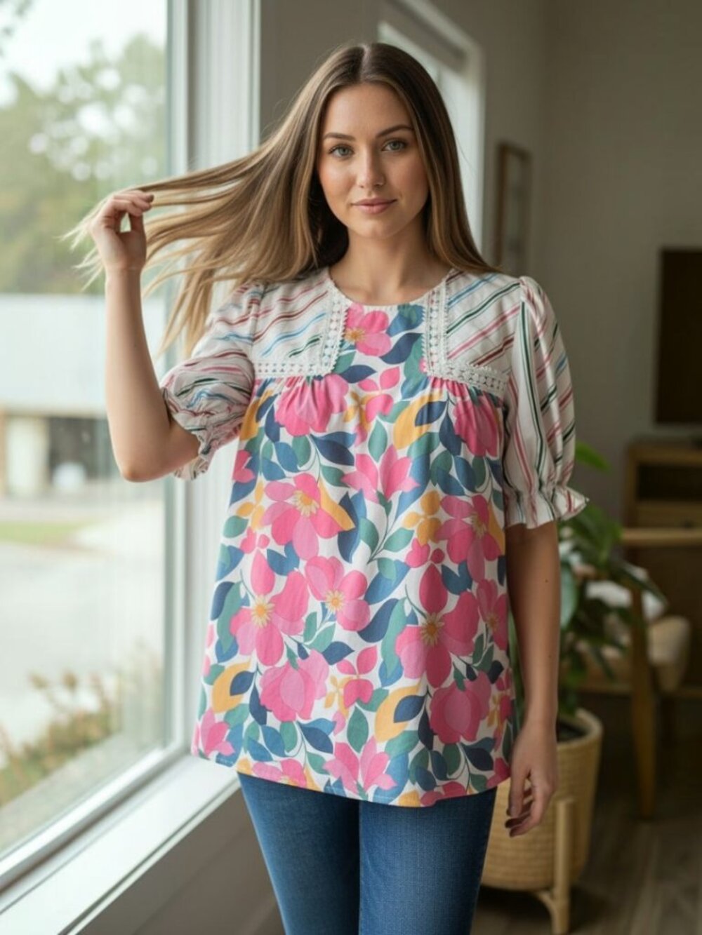 entro Pink Multi-Print Puff Sleeve Blouse Oversized S